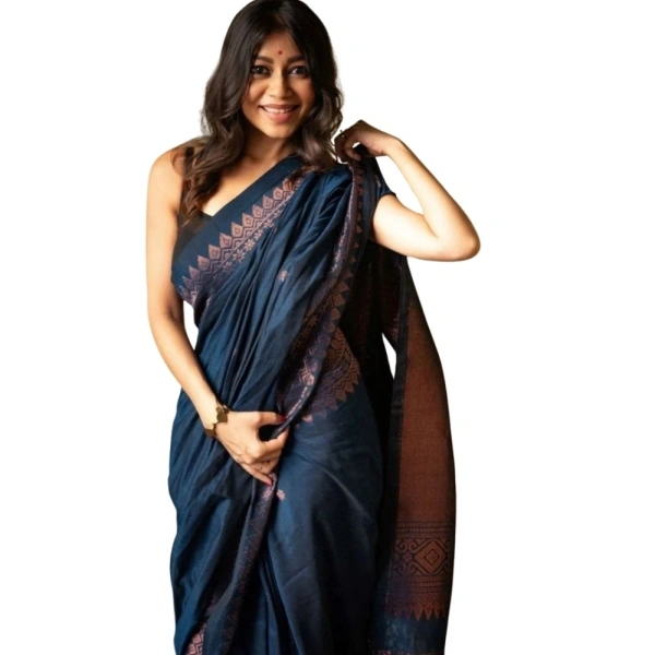 Generic Women's Silk Printed Saree With Unstitched Blouse 5.5Mtr (Navy Blue) - Navy Blue