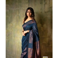 Generic Women's Silk Printed Saree With Unstitched Blouse 5.5Mtr (Navy Blue) - Navy Blue