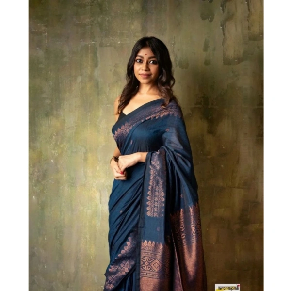 Generic Women's Silk Printed Saree With Unstitched Blouse 5.5Mtr (Navy Blue) - Navy Blue