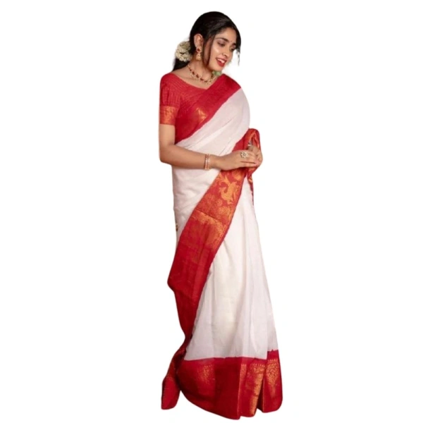 Generic Women's Silk Printed Saree With Unstitched Blouse 5.5Mtr (White) - White