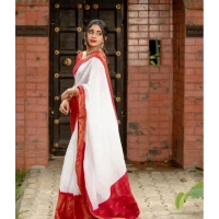 Generic Women's Silk Printed Saree With Unstitched Blouse 5.5Mtr (White) - White