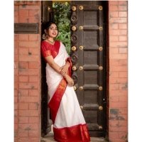Generic Women's Silk Printed Saree With Unstitched Blouse 5.5Mtr (White) - White