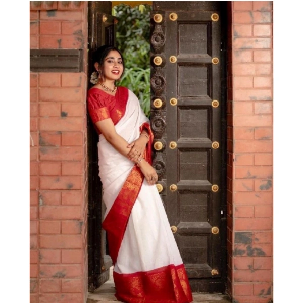 Generic Women's Silk Printed Saree With Unstitched Blouse 5.5Mtr (White) - White