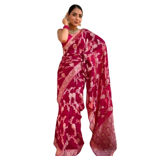 Generic Women's Silk Printed Saree With Unstitched Blouse 5.5Mtr (Pink) - Pink