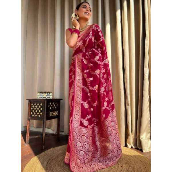 Generic Women's Silk Printed Saree With Unstitched Blouse 5.5Mtr (Pink) - Pink