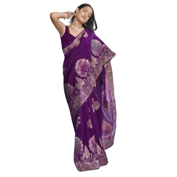Generic Women's Silk Printed Saree With Unstitched Blouse 5.5Mtr (Purple) - Purple