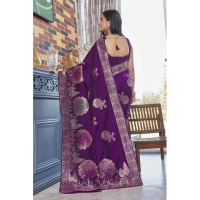 Generic Women's Silk Printed Saree With Unstitched Blouse 5.5Mtr (Purple) - Purple