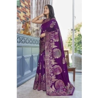 Generic Women's Silk Printed Saree With Unstitched Blouse 5.5Mtr (Purple) - Purple
