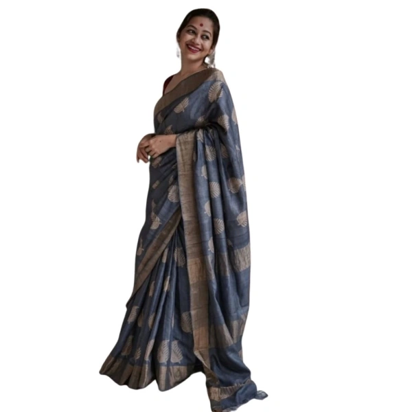 Generic Women's Silk Printed Saree With Unstitched Blouse 5.5Mtr (Grey) - Grey