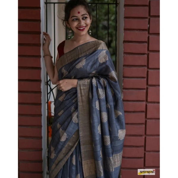 Generic Women's Silk Printed Saree With Unstitched Blouse 5.5Mtr (Grey) - Grey
