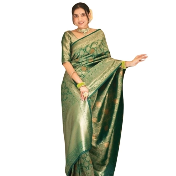 Generic Women's Silk Printed Saree With Unstitched Blouse 5.5Mtr (Green) - Green