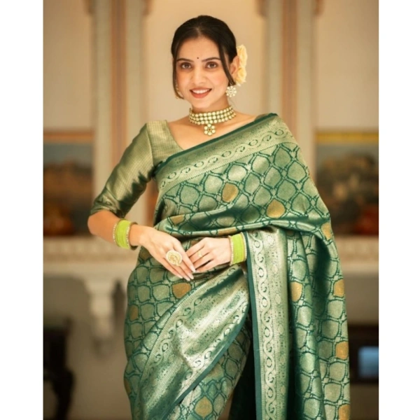 Generic Women's Silk Printed Saree With Unstitched Blouse 5.5Mtr (Green) - Green