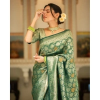 Generic Women's Silk Printed Saree With Unstitched Blouse 5.5Mtr (Green) - Green