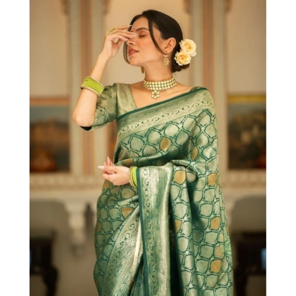 Generic Women's Silk Printed Saree With Unstitched Blouse 5.5Mtr (Green) - Green