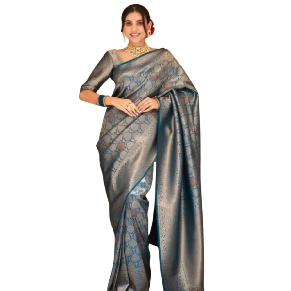 Generic Women's Silk Printed Saree With Unstitched Blouse 5.5Mtr (Rama) - Rama