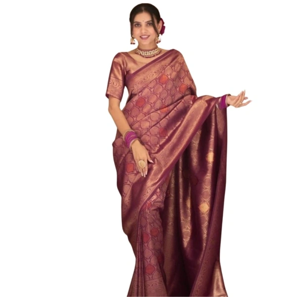 Generic Women's Silk Printed Saree With Unstitched Blouse 5.5Mtr (Wine) - Wine
