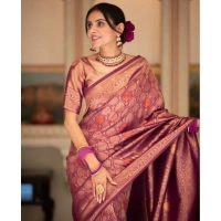 Generic Women's Silk Printed Saree With Unstitched Blouse 5.5Mtr (Wine) - Wine