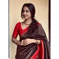 Generic Women's Silk Printed Saree With Unstitched Blouse 5.5Mtr (Brown) - Brown