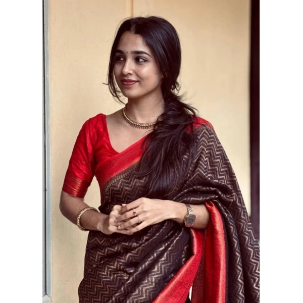 Generic Women's Silk Printed Saree With Unstitched Blouse 5.5Mtr (Brown) - Brown