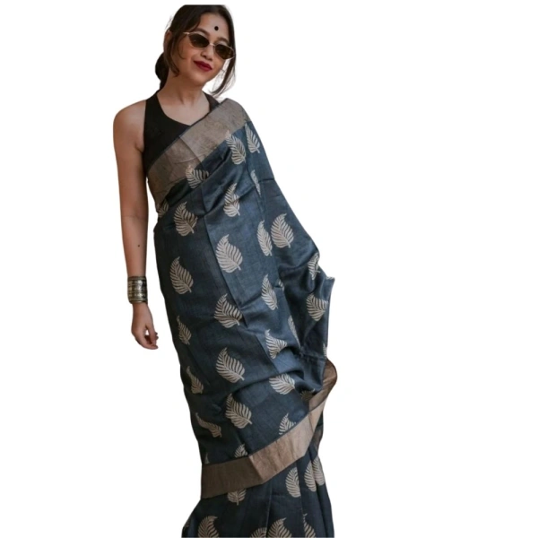 Generic Women's Silk Printed Saree With Unstitched Blouse 5.5Mtr (Black) - Black