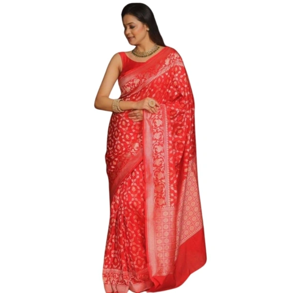 Generic Women's Silk Printed Saree With Unstitched Blouse 5.5Mtr (Orange) - Orange