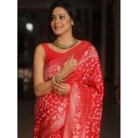 Generic Women's Silk Printed Saree With Unstitched Blouse 5.5Mtr (Orange) - Orange