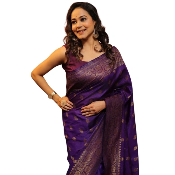 Generic Women's Silk Printed Saree With Unstitched Blouse 5.5Mtr (Purple) - Purple
