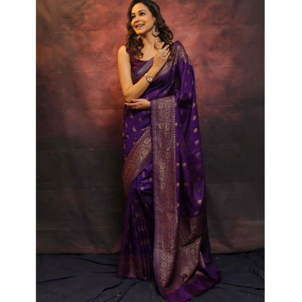 Generic Women's Silk Printed Saree With Unstitched Blouse 5.5Mtr (Purple) - Purple