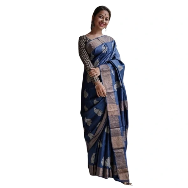Generic Women's Silk Printed Saree With Unstitched Blouse 5.5Mtr (Navy Blue) - Navy Blue