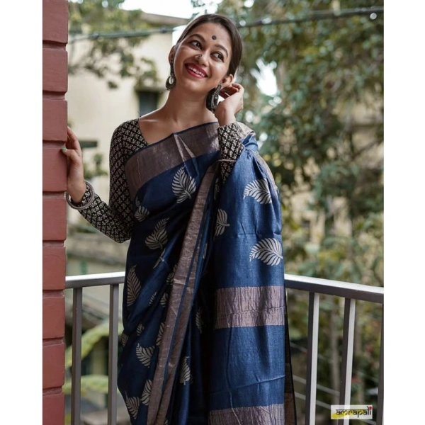 Generic Women's Silk Printed Saree With Unstitched Blouse 5.5Mtr (Navy Blue) - Navy Blue