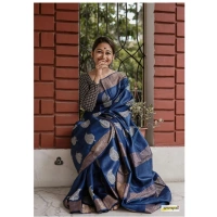 Generic Women's Silk Printed Saree With Unstitched Blouse 5.5Mtr (Navy Blue) - Navy Blue