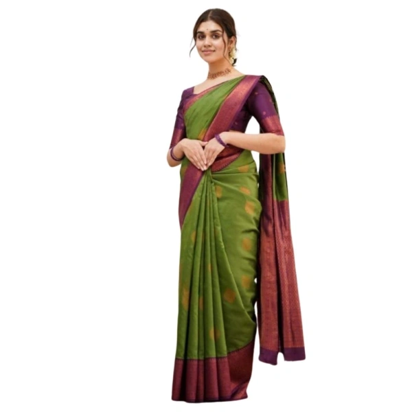 Generic Women's Silk Printed Saree With Unstitched Blouse 5.5Mtr (Green) - Green