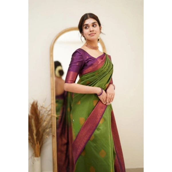 Generic Women's Silk Printed Saree With Unstitched Blouse 5.5Mtr (Green) - Green