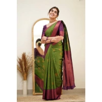 Generic Women's Silk Printed Saree With Unstitched Blouse 5.5Mtr (Green) - Green