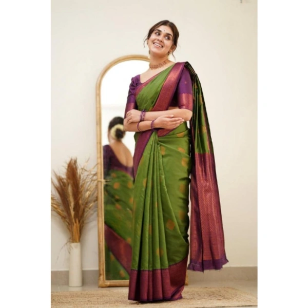 Generic Women's Silk Printed Saree With Unstitched Blouse 5.5Mtr (Green) - Green