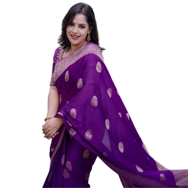 Generic Women's Silk Printed Saree With Unstitched Blouse 5.5Mtr (Purple) - Purple