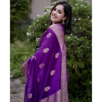 Generic Women's Silk Printed Saree With Unstitched Blouse 5.5Mtr (Purple) - Purple
