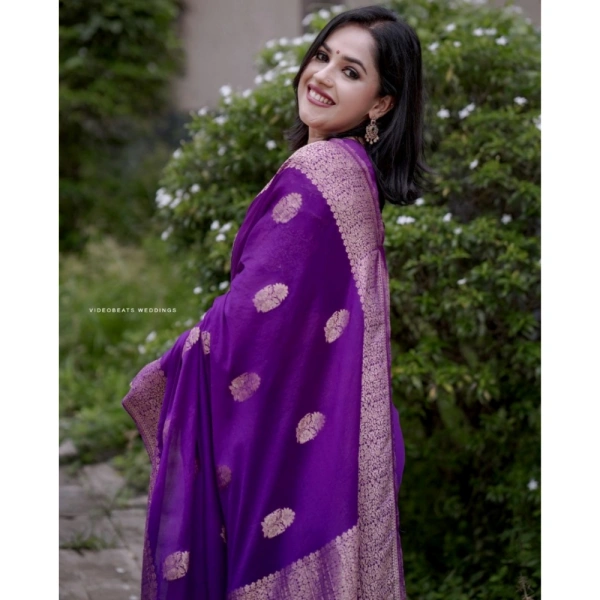 Generic Women's Silk Printed Saree With Unstitched Blouse 5.5Mtr (Purple) - Purple