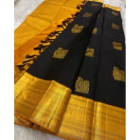Generic Women's Silk Printed Saree With Unstitched Blouse 5.5Mtr (Black) - Black