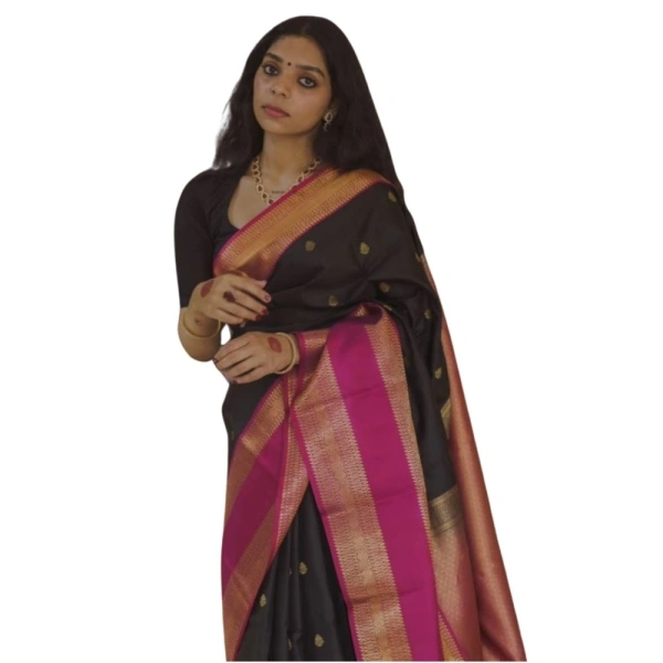 Generic Women's Silk Printed Saree With Unstitched Blouse 5.5Mtr (Black-Pink) - Black-Pink