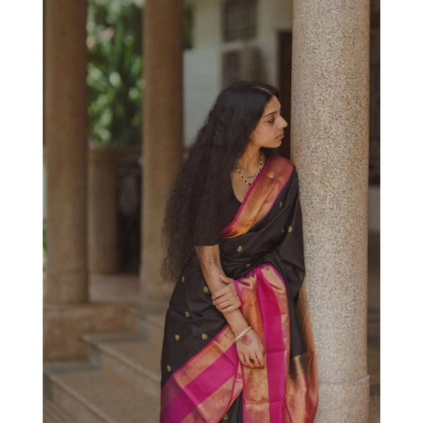 Generic Women's Silk Printed Saree With Unstitched Blouse 5.5Mtr (Black-Pink) - Black-Pink