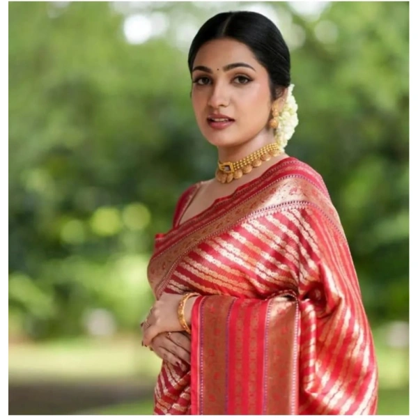 Generic Women's Silk Printed Saree With Unstitched Blouse 5.5Mtr (Pink) - Pink