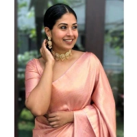 Generic Women's Silk Printed Saree With Unstitched Blouse 5.5Mtr (Peach) - Peach