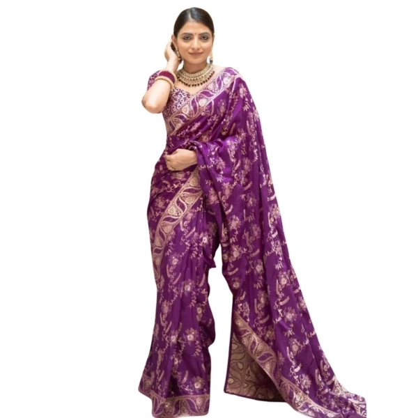 Generic Women's Silk Printed Saree With Unstitched Blouse 5.5Mtr (Purple) - Purple
