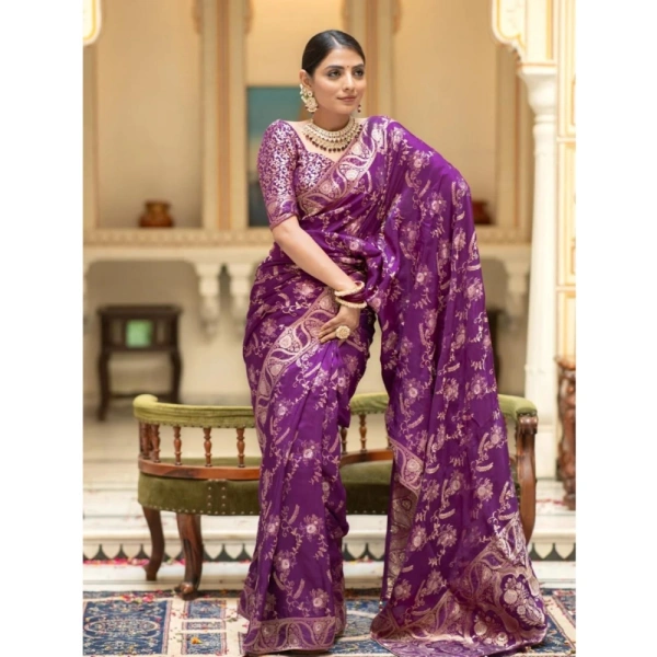 Generic Women's Silk Printed Saree With Unstitched Blouse 5.5Mtr (Purple) - Purple