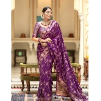 Generic Women's Silk Printed Saree With Unstitched Blouse 5.5Mtr (Purple) - Purple