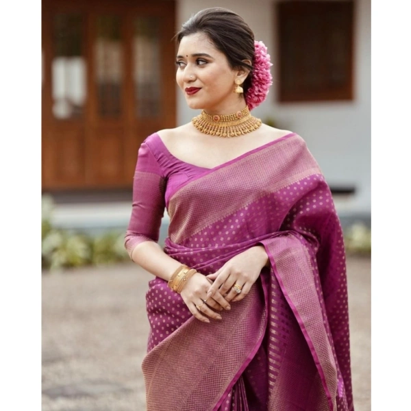 Generic Women's Silk Printed Saree With Unstitched Blouse 5.5Mtr (Purple) - Purple