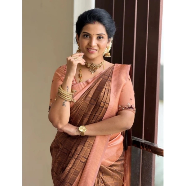 Generic Women's Silk Printed Saree With Unstitched Blouse 5.5Mtr (Brown) - Brown