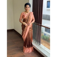 Generic Women's Silk Printed Saree With Unstitched Blouse 5.5Mtr (Brown) - Brown