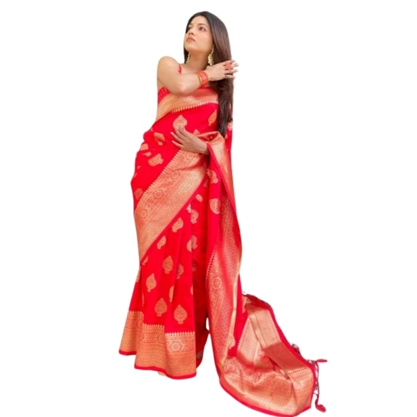 Generic Women's Silk Printed Saree With Unstitched Blouse 5.5Mtr (Red) - Red